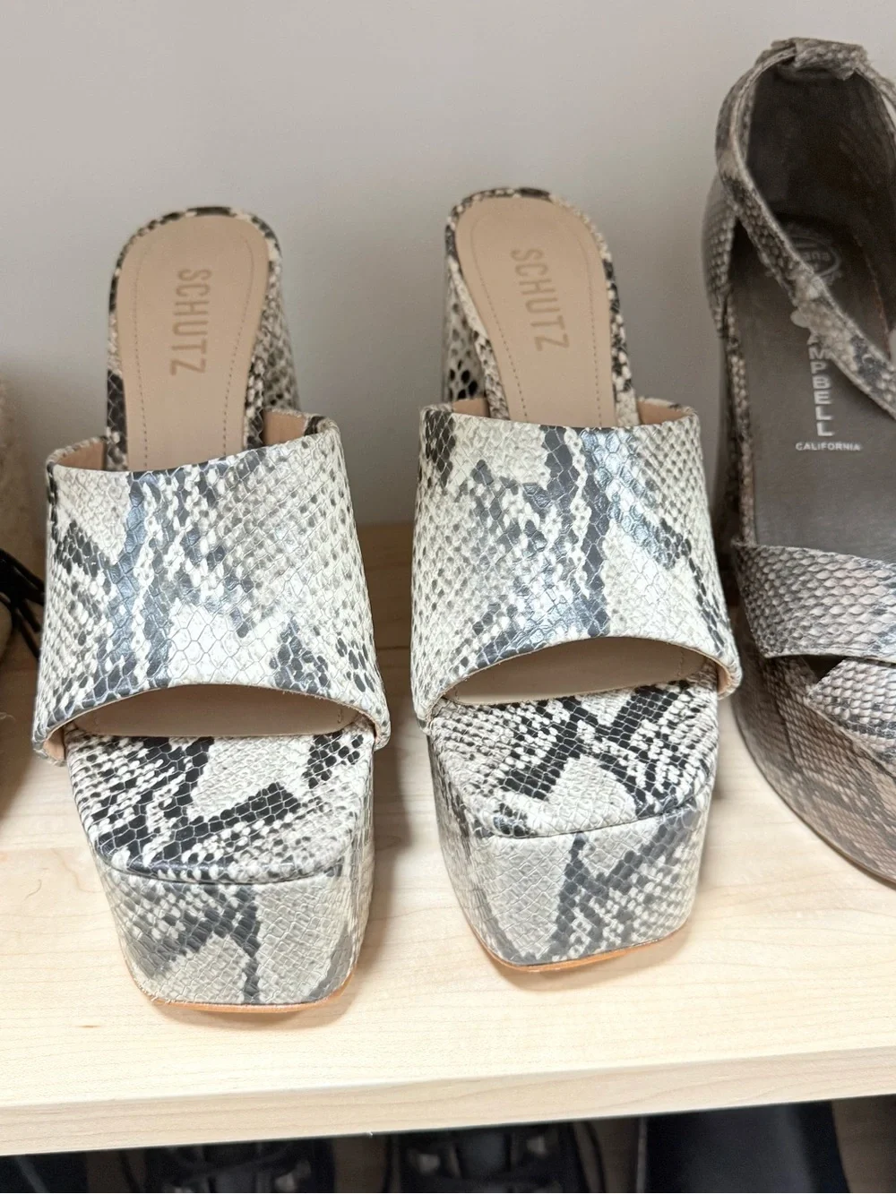 SCHUTZ Snake-Print Platform Slide Sandals in Gray and Cream